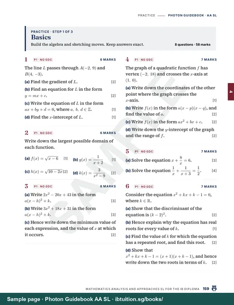 Sample page from Photon Guidebook: IB Maths AA SL: Practice, step 1: Basics (Ch 4)
