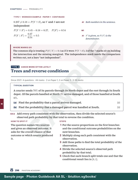 Sample page from Photon Guidebook: IB Maths AA SL: A question type: trees and reverse conditions (Ch 8)