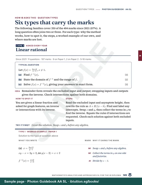 Sample page from Photon Guidebook: IB Maths AA SL: A question type: the tell, the method and a worked example marked line by line (Ch 4)