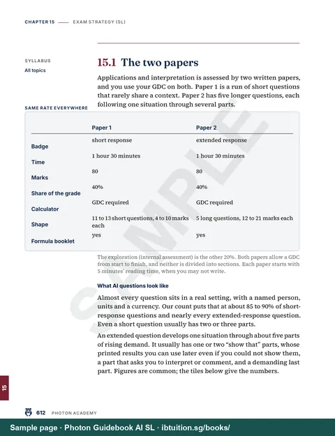 Sample page from Photon Guidebook: IB Maths AI SL: Exam strategy: working through Paper 1 and Paper 2 (Ch 15)