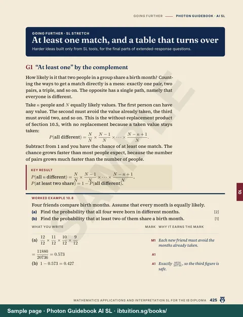Sample page from Photon Guidebook: IB Maths AI SL: Going further: harder problems in Probability (Ch 10)