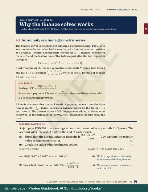 Sample page from Photon Guidebook: IB Maths AI SL: Going further: harder problems for students aiming at a 7 (Ch 2)
