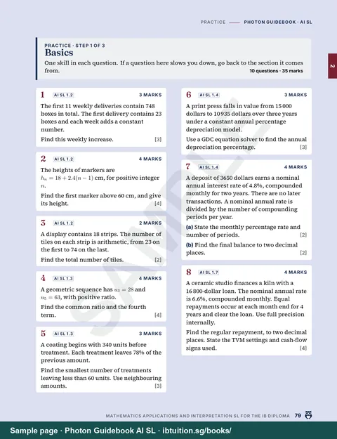 Sample page from Photon Guidebook: IB Maths AI SL: Practice in three steps: Basics, Tutorial and Mastery (Ch 2)