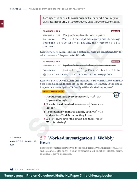 Sample page from Photon Guidebook: IB Maths HL Paper 3: A worked investigation: the question in a frame, then the solution in three columns with every mark explained (Ch 2)