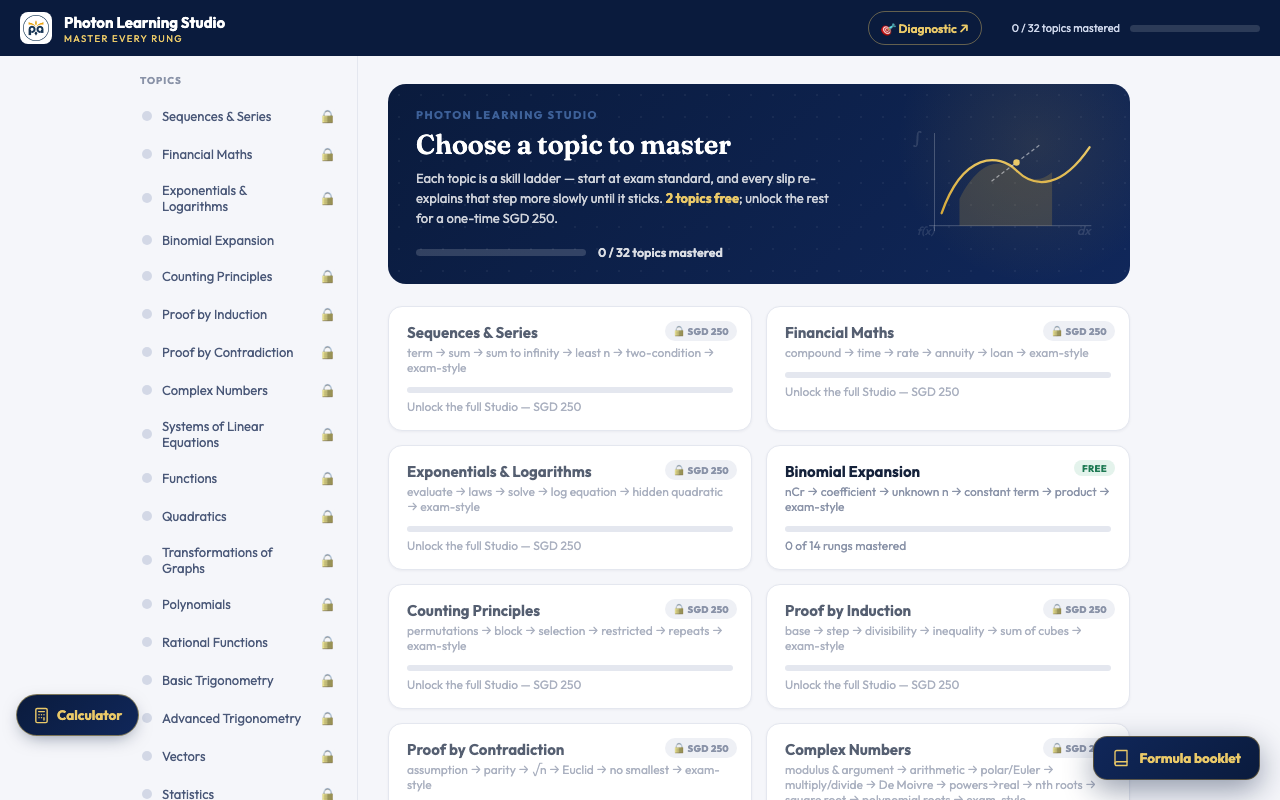 Photon Learning Studio — adaptive IB Maths practice: choose a topic to master