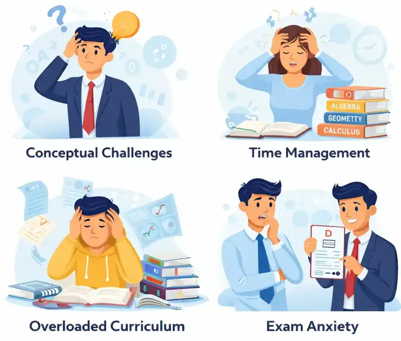 Common challenges IB Math HL students face — conceptual difficulties, time management, overloaded curriculum, and exam anxiety