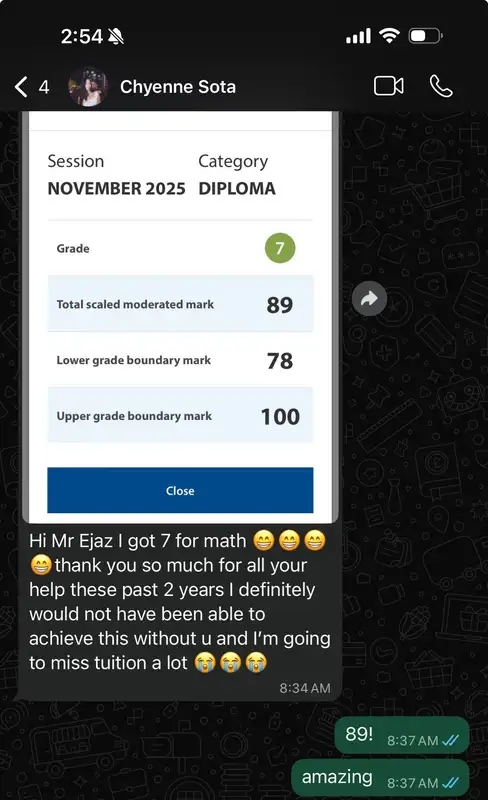 Parent WhatsApp — child scored 7 in IB Math