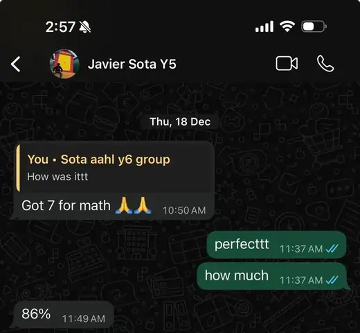 WhatsApp message: IB student scored 7 in Math AA HL at Photon Academy