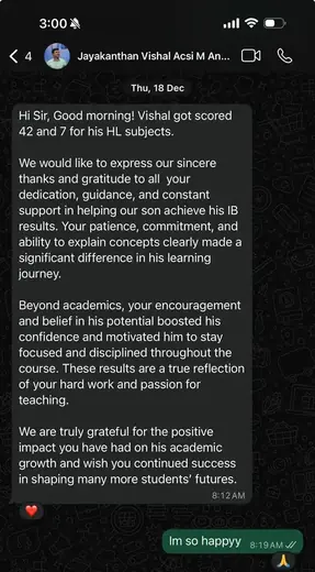 WhatsApp thank-you message from an IB parent whose son scored 42 with all 7s at Photon Academy