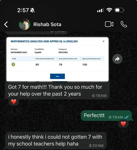WhatsApp message showing an IB student scored grade 7 in Math AA HL with Photon Academy