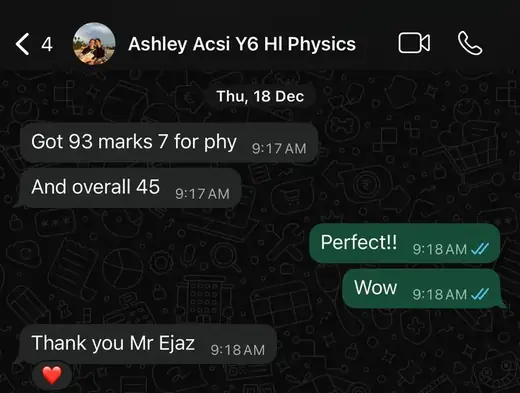 WhatsApp message: IB student scored 7 in Physics HL and 45 overall at Photon Academy