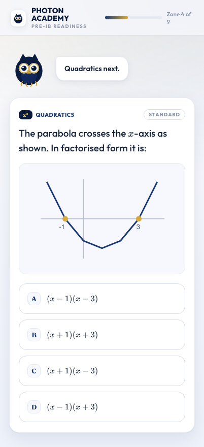 Pre-IB Math Diagnostic app — a graph-based quadratics question